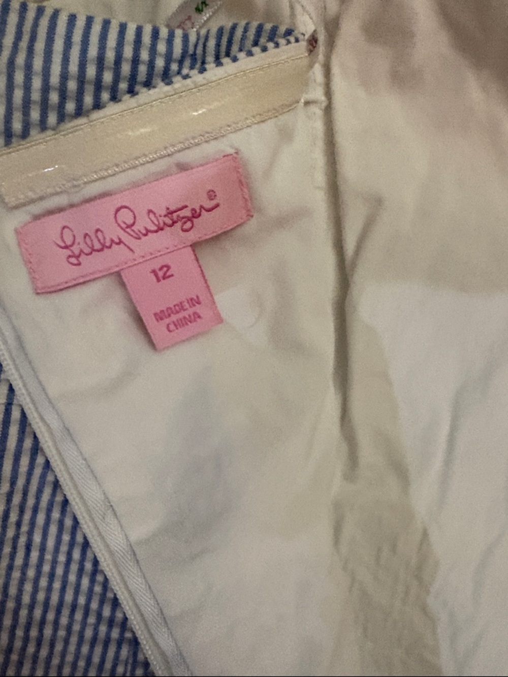 Lilly Pulitzer Blue Seersucker Strapless Dress with Pink Embroidery - Picture 6 of 10